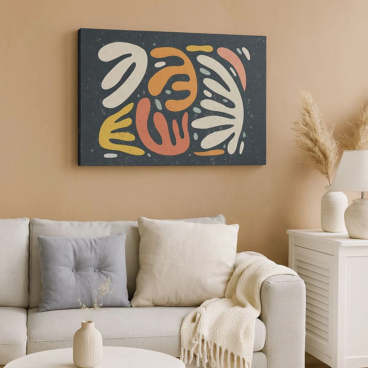 Tablou pe pânză Canvas - Forme abstracte în culori calde pe un fundal întunecat - 70x50cm - Compoziție - te-am prins - Decorațiune modernă pentru perete pentru living și dormitor ARTTOR