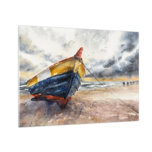 Tablou pe sticlă - O barcă colorată pe plajă într-o zi înnorată - 70x50cm - Se odihnește pe țărm - Decorațiune modernă pentru perete pentru living și dormitor ARTTOR