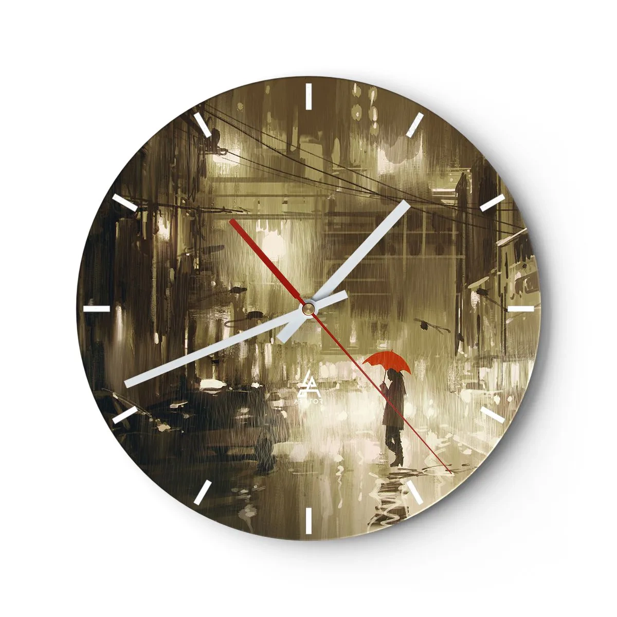 Ceas de perete - Ceas pe sticlă - O figură cu o umbrelă roșie pe o stradă udă - 30x30cm - Singură, dar nu singuratică - Decorațiune modernă pentru perete pentru living, bucătărie și dormitor ARTTOR