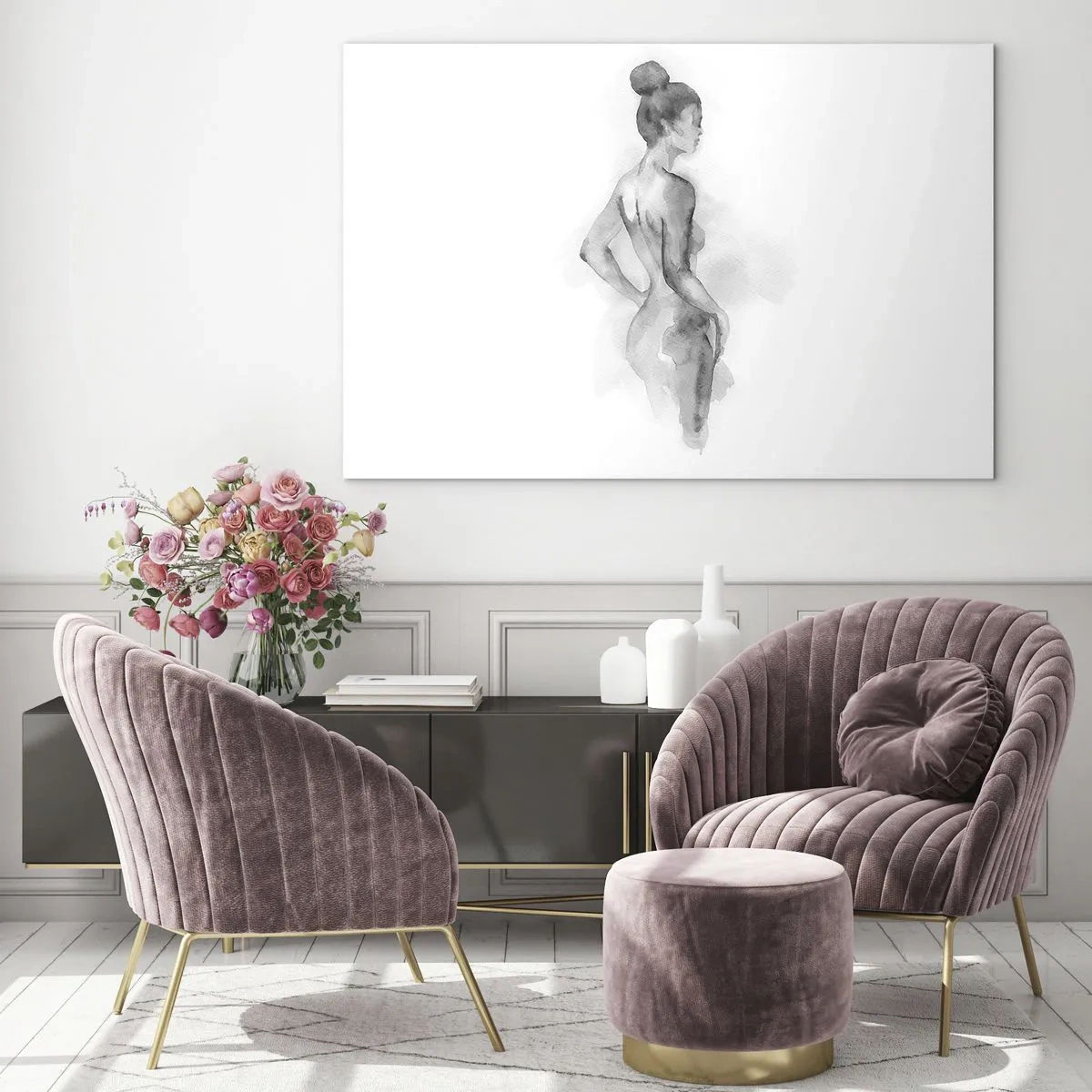 Tablou pe sticlă - O siluetă feminină subtilă pictată în acuarelă pe un fundal alb - 70x50cm - Frumoasă ca o pictură - Decorațiune modernă pentru perete pentru living și dormitor ARTTOR