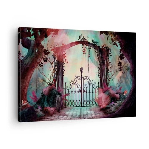 Tablou pe pânză Canvas - O intrare magică cu o poartă din fier forjat înconjurată de o vegetație misterioasă - 70x50cm - Grădina secretă - Decorațiune modernă pentru perete pentru living și dormitor ARTTOR