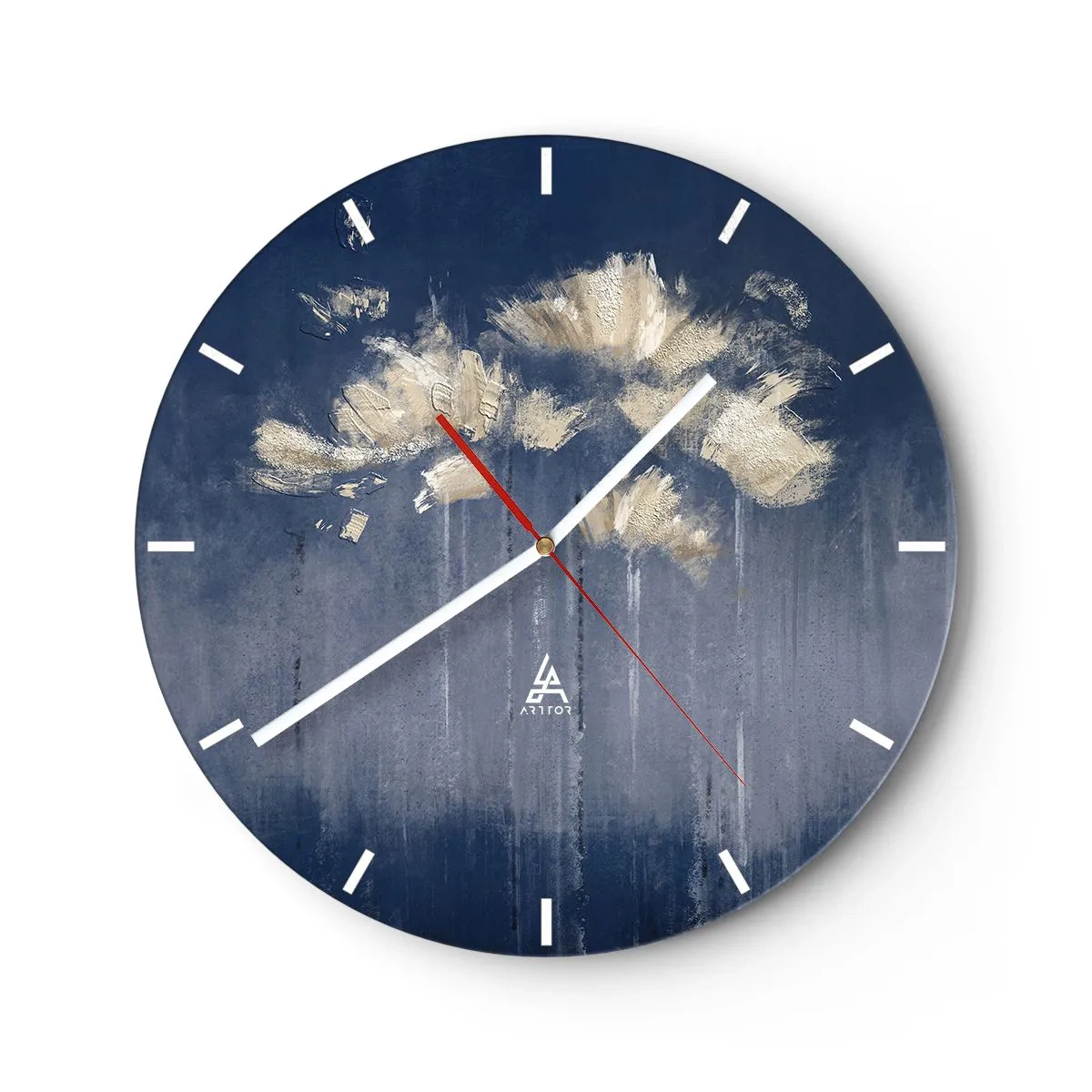 Ceas de perete - Ceas pe sticlă - Linii abstracte aurii pe un fundal albastru închis - 30x30cm - Ca petalele în vânt - Decorațiune modernă pentru perete pentru living, bucătărie și dormitor ARTTOR