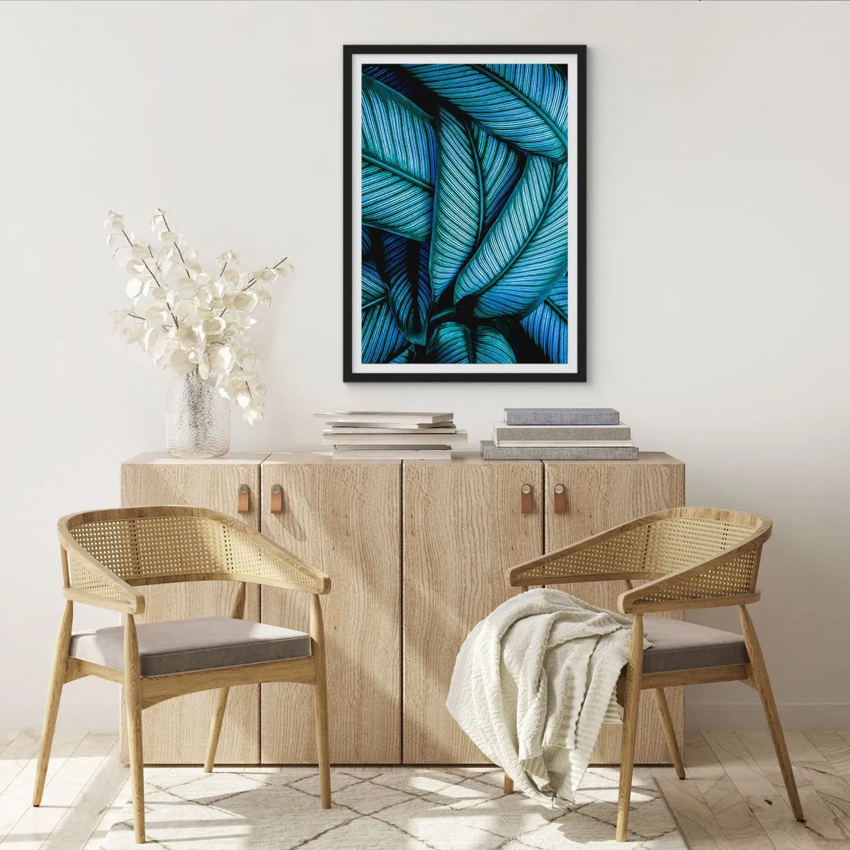 Poster în ramă neagră - Frunzele albastru-verzui fascinante ale bananierului - 50x70cm - Linii de viață - Decorațiune modernă pentru perete pentru living și dormitor ARTTOR