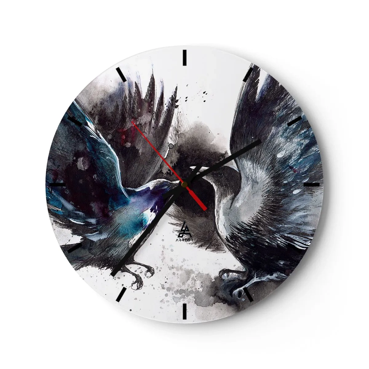 Ceas de perete - Ceas pe sticlă - Reprezentare artistică a doi corbi într-o poză dinamică - 30x30cm - Bătălia corbilor - Decorațiune modernă pentru perete pentru living, bucătărie și dormitor ARTTOR