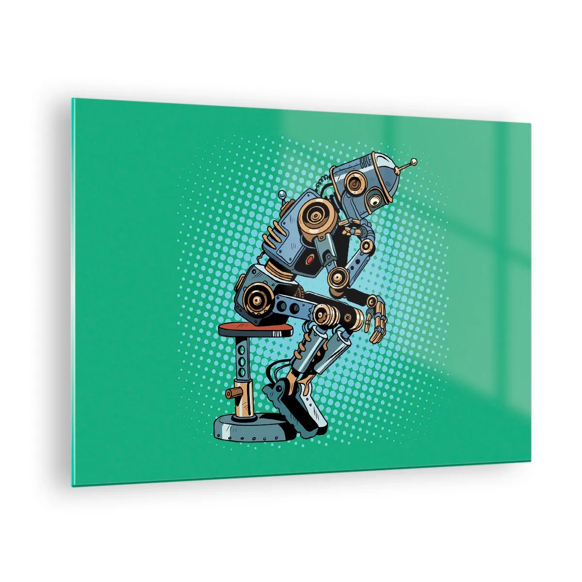 Tablou pe sticlă - Un robot gânditor pe un fundal verde cu model pop art. - 70x50cm - Peste esența ființei - Decorațiune modernă pentru perete pentru living și dormitor ARTTOR