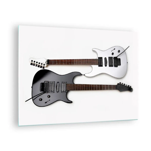 Tablou pe sticlă - Chitare electrice alb-negru pe fundal alb - 70x50cm - Armonie de forme - Decorațiune modernă pentru perete pentru living și dormitor ARTTOR