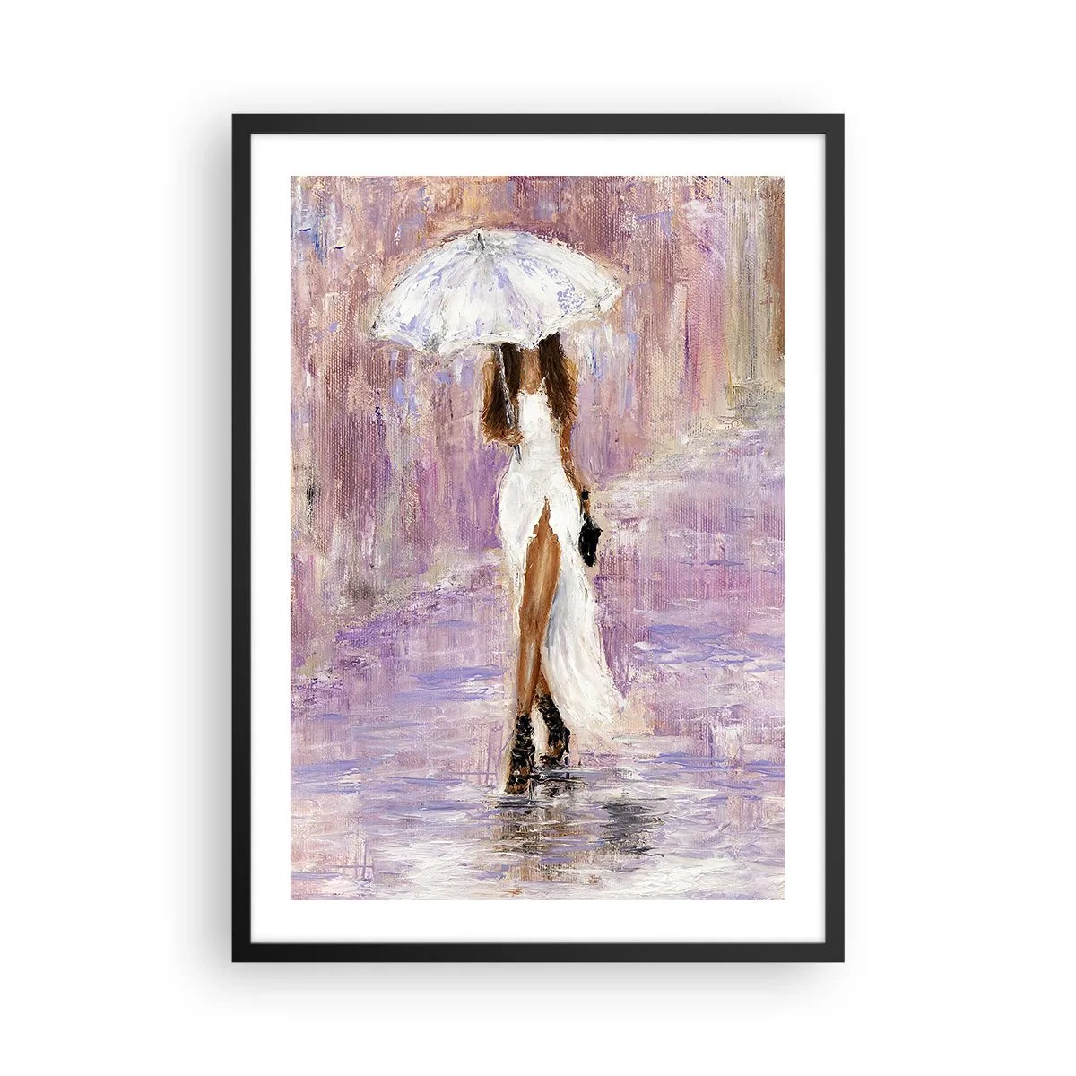 Poster în ramă neagră - Femeie cu o umbrelă în ploaie - 50x70cm - În ploaia de liliac - Decorațiune modernă pentru perete pentru living și dormitor ARTTOR