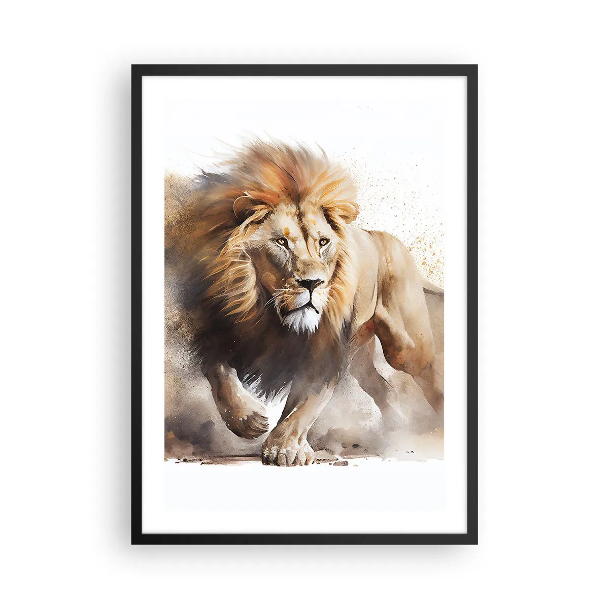 Poster în ramă neagră - Un leu impunător în mișcare într-un stil pictural - 50x70cm - Regele se mișcă  - Decorațiune modernă pentru perete pentru living și dormitor ARTTOR