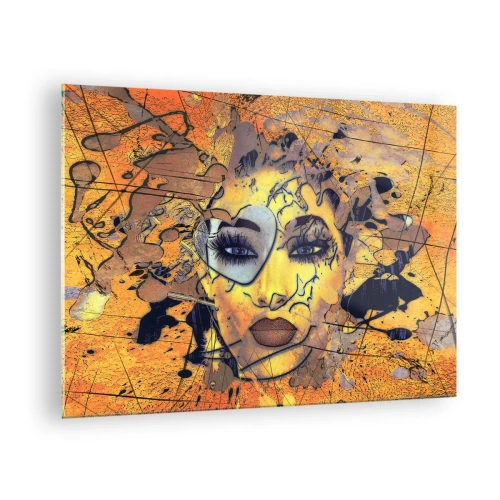 Tablou pe sticlă - Față abstractă de femeie în tonuri auriu-portocalii - 70x50cm - Frumusețe însorită - Decorațiune modernă pentru perete pentru living și dormitor ARTTOR