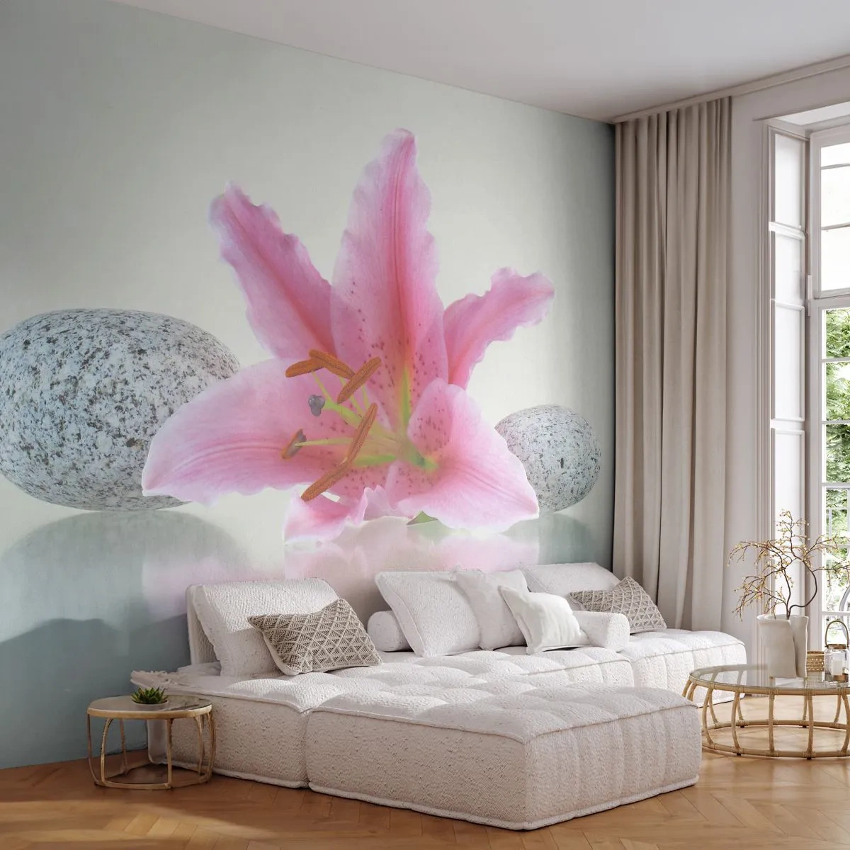 Tapet Premium Canvas - Studiu în roz, gri și alb - Flori, Crin, Pietre - 250x175 cm
