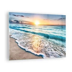 Tablou pe sticlă - Plajă dimineața cu valuri și răsărit de soare - 70x50cm - Priveliștea cu apus de soare - Decorațiune modernă pentru perete pentru living și dormitor ARTTOR
