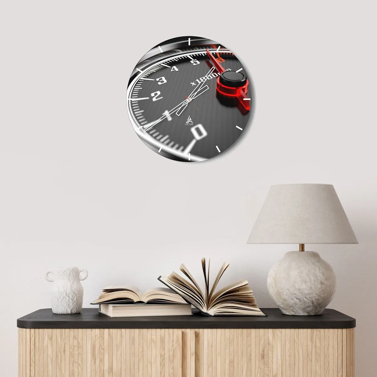 Ceas de perete - Ceas pe sticlă - Prim-plan al tahometrului în stil sportiv - 30x30cm - Bag-o în viteză! - Decorațiune modernă pentru perete pentru living, bucătărie și dormitor ARTTOR