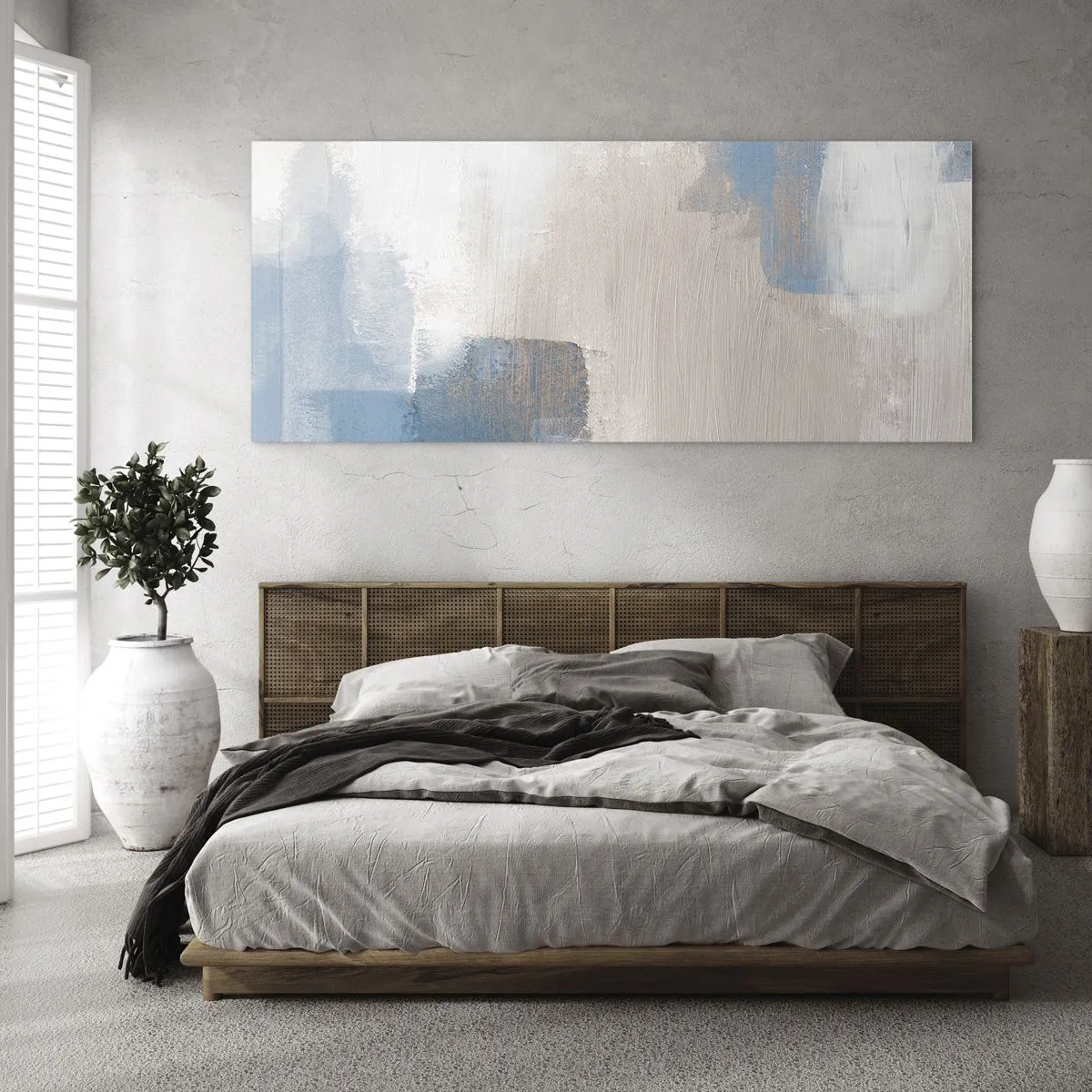 Tablou pe sticlă - Abstracție roz în spatele unui voal de albastru - 120x50 cm