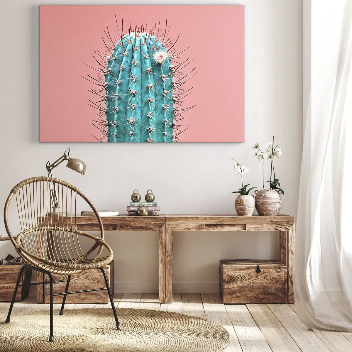 Tablou pe pânză Canvas - O abordare artistică a unui cactus pe un fundal roz - 70x50cm - Doar privește - Decorațiune modernă pentru perete pentru living și dormitor ARTTOR