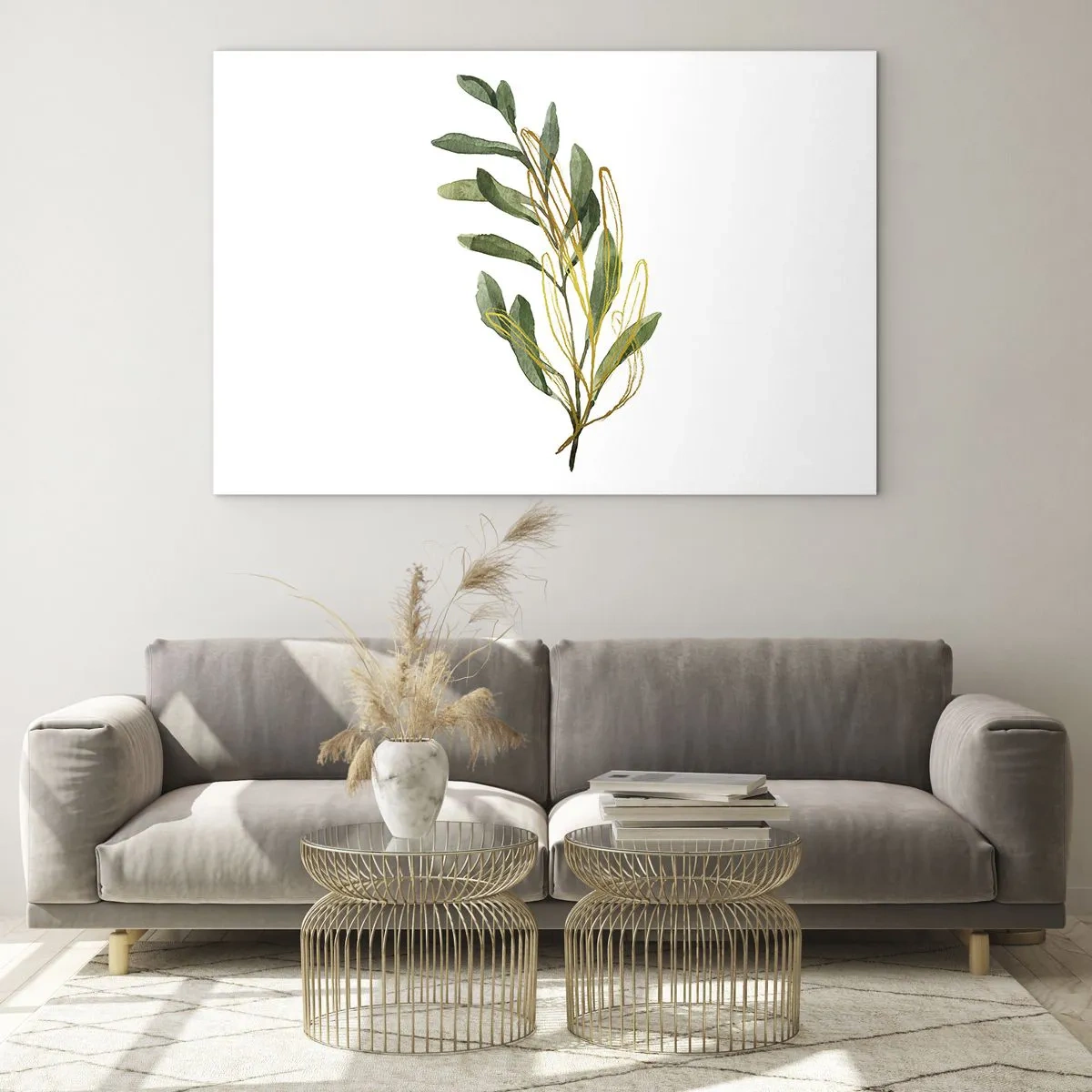 Tablou pe sticlă - O creangă verde cu un accent auriu delicat - 70x50cm - Toate cele bune - Decorațiune modernă pentru perete pentru living și dormitor ARTTOR