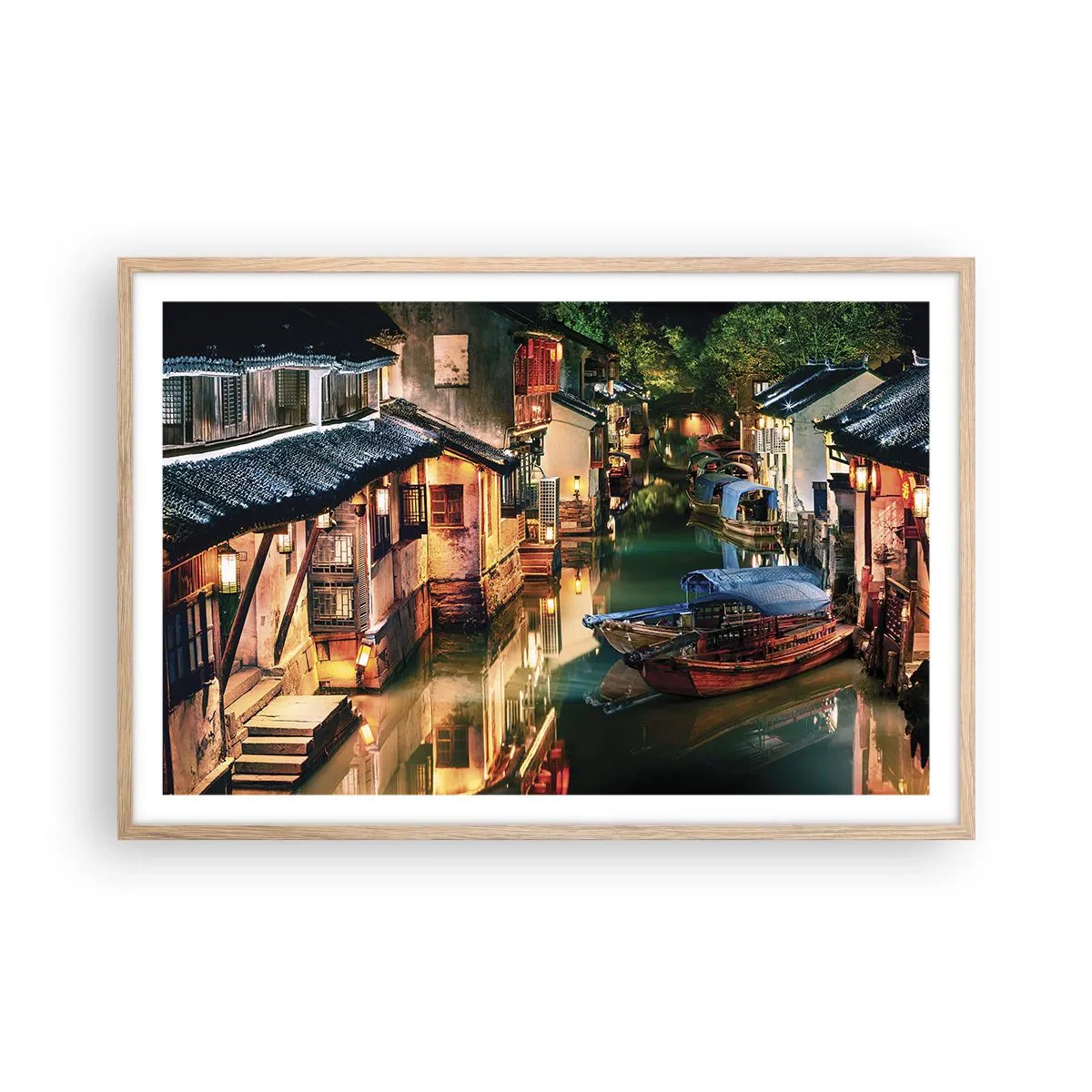 Poster în ramă de stejar deschis - O seară pe o stradă chinezească - 91x61 cm