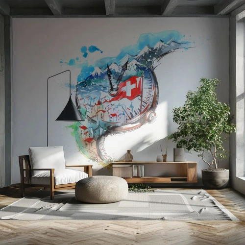 Tapet Standard Eco - Spiritul Elveției - Abstracția, Ceas elvețian, Alpi - 300x210 cm