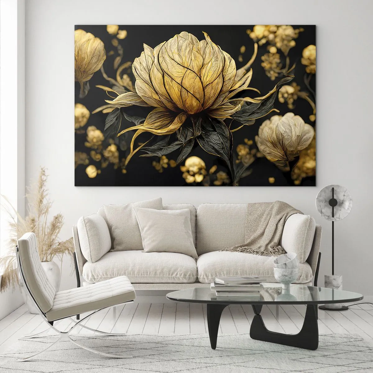 Tablou pe sticlă - Flori aurii pe fundal negru într-o compoziție elegantă - 70x50cm - Fragilitate subtilă - Decorațiune modernă pentru perete pentru living și dormitor ARTTOR