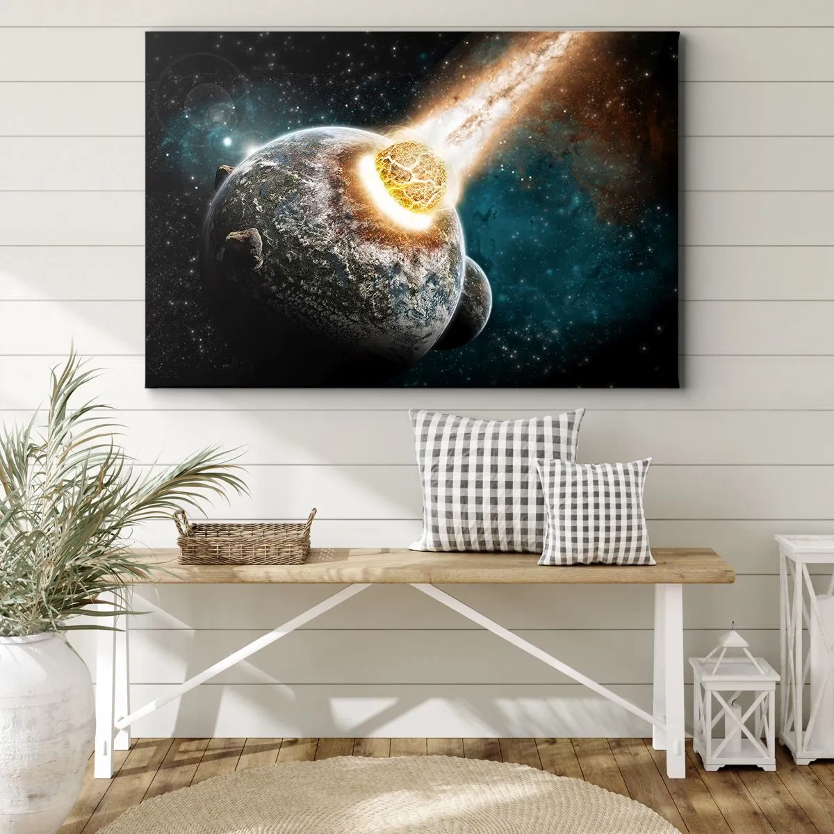 Tablou pe pânză Canvas - Coliziune cosmică a unei planete cu un asteroid în vecinătatea galaxiei. - 70x50cm - Anihilare sau naștere? - Decorațiune modernă pentru perete pentru living și dormitor ARTTOR