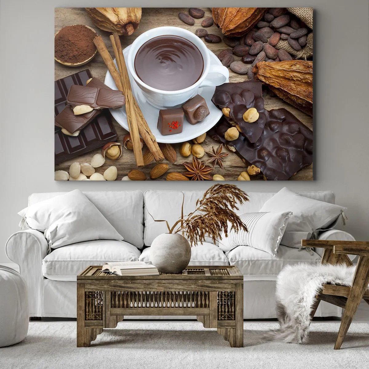 Tablou pe pânză Canvas - O ceașcă de ciocolată caldă înconjurată de ingrediente pentru desert - 70x50cm - De la fabrica de ciocolată de basm - Decorațiune modernă pentru perete pentru living și dormitor ARTTOR