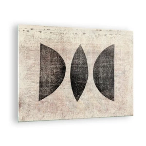 Tablou pe sticlă - Forme geometrice negre pe un fundal bej - 70x50cm - Abstracție etnică - Decorațiune modernă pentru perete pentru living și dormitor ARTTOR