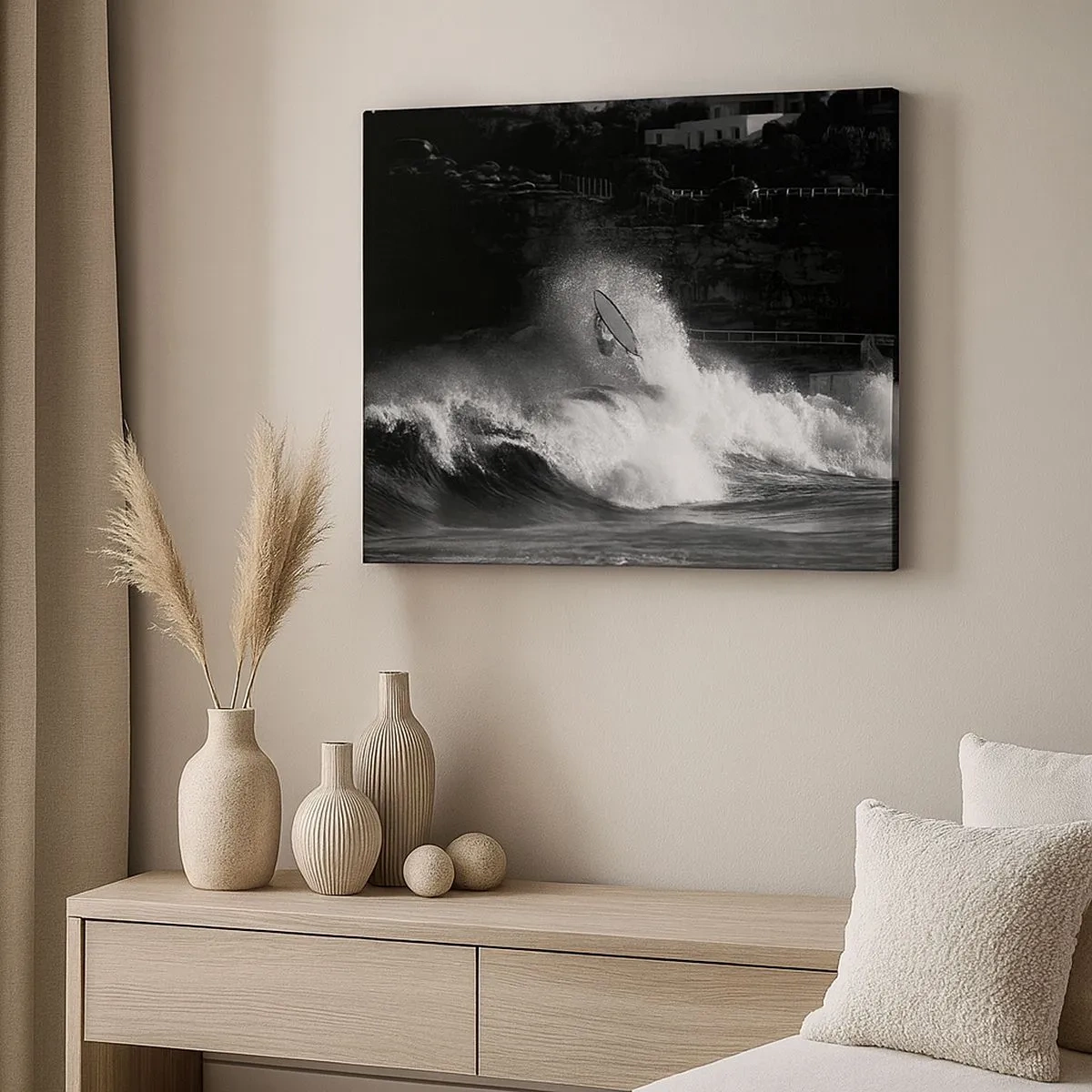 Tablou pe pânză Canvas - Un surfer călărind un val în monocrom - 70x50cm - Provocare acceptată! - Decorațiune modernă pentru perete pentru living și dormitor ARTTOR