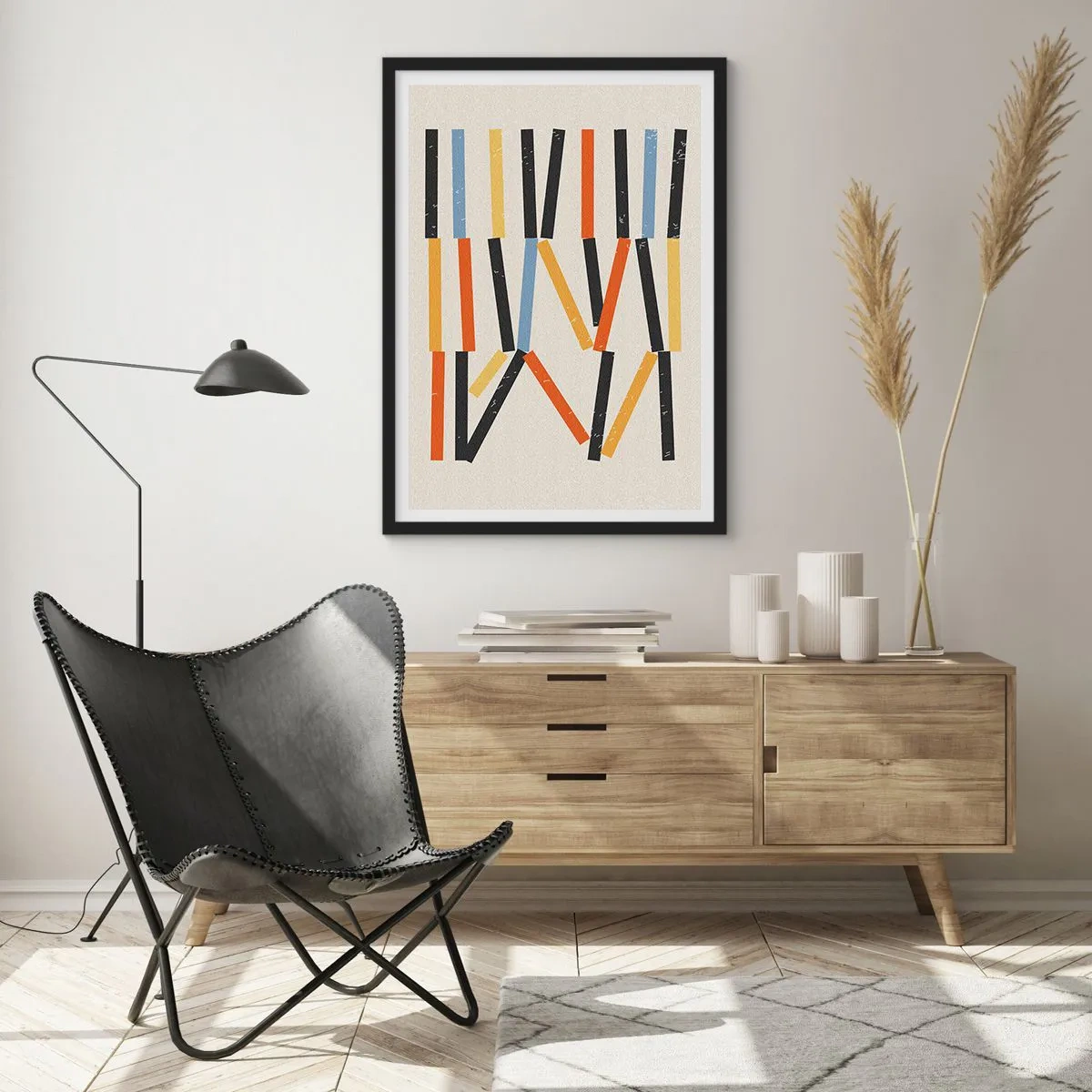 Poster în ramă neagră - Abstracție geometrică colorată cu linii verticale - 50x70cm - Compoziție la nivel - Decorațiune modernă pentru perete pentru living și dormitor ARTTOR