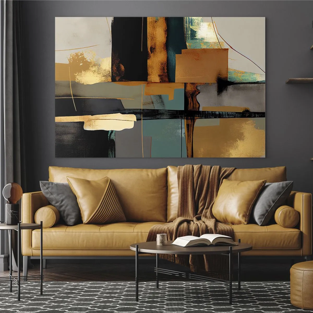 Tablou pe sticlă - Abstracție modernă cu contraste de auriu, negru și turcoaz - 70x50cm - Abstracția - lumină și umbră - Decorațiune modernă pentru perete pentru living și dormitor ARTTOR