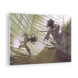 Tablou pe sticlă - Duel de samurai într-o scenă dinamică - 70x50cm - Și tu poți fi samurai - Decorațiune modernă pentru perete pentru living și dormitor ARTTOR