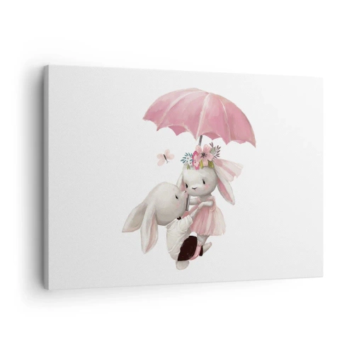 Tablou pe pânză Canvas - Iepurași drăguți sub o umbrelă roz - 70x50cm - Pur și simplu dragoste - Decorațiune modernă pentru perete pentru living și dormitor ARTTOR
