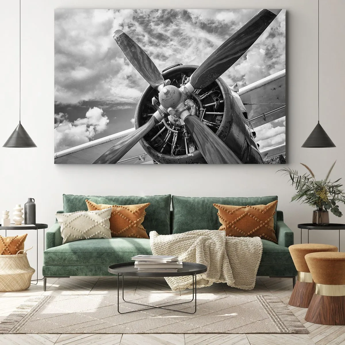 Tablou pe pânză Canvas - O fotografie alb-negru a unei elice de avion pe un cer dinamic. - 70x50cm - Cuceritorul cerului - Decorațiune modernă pentru perete pentru living și dormitor ARTTOR