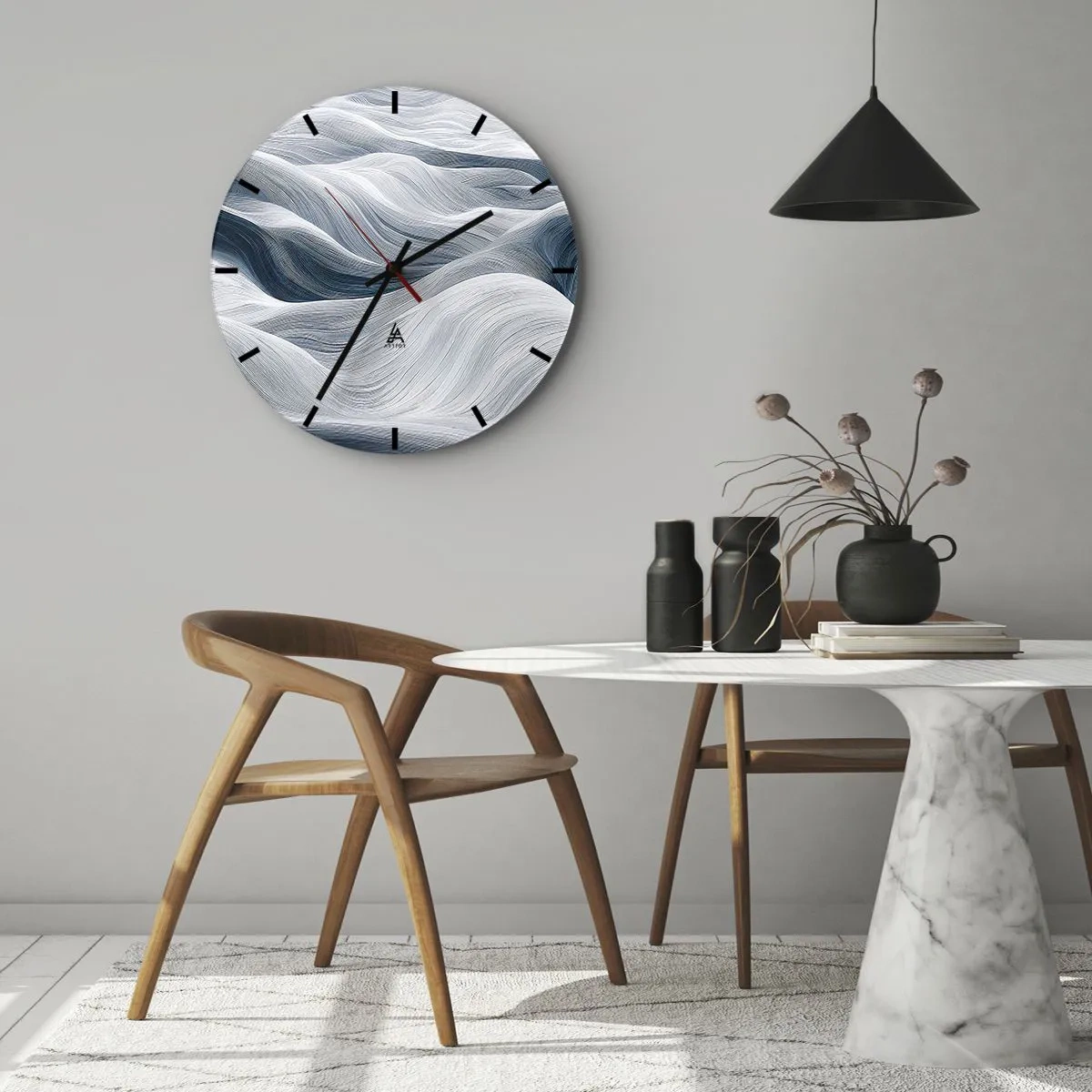 Ceas de perete - Ceas pe sticlă - Linii grafice, ondulate în tonuri de alb și albastru - 30x30cm - Valuri albastre și albe - Decorațiune modernă pentru perete pentru living, bucătărie și dormitor ARTTOR