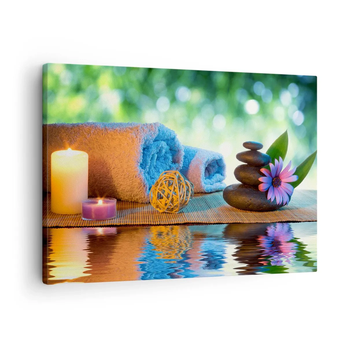 Tablou pe pânză Canvas - Set SPA relaxant cu prosoape, lumânări și pietre - 70x50cm - Timp pentru corp - Decorațiune modernă pentru perete pentru living și dormitor ARTTOR