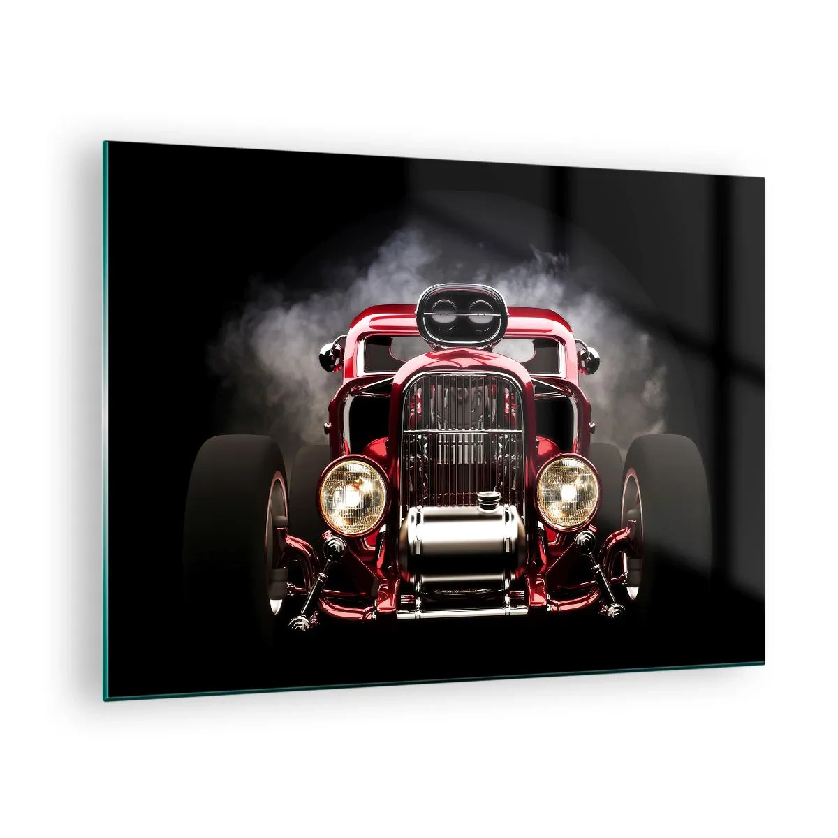 Tablou pe sticlă - Hot rod roșu în fum gros - 70x50cm - Rapid și furios de frumos - Decorațiune modernă pentru perete pentru living și dormitor ARTTOR