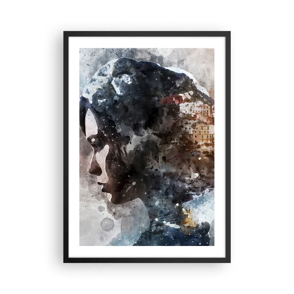 Poster în ramă neagră - Silueta unei femei cu un peisaj în acuarelă în fundal - 50x70cm - Povestea unei fete cu un oraș în fundal - Decorațiune modernă pentru perete pentru living și dormitor ARTTOR