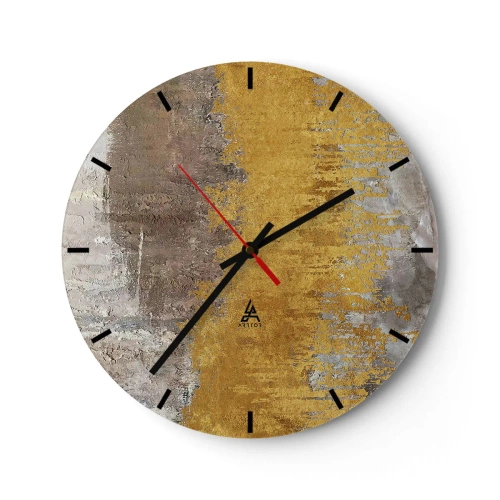 Ceas de perete - Ceas pe sticlă - Textură gri-aurie într-un stil abstract - 30x30cm - O suflare de aur - Decorațiune modernă pentru perete pentru living, bucătărie și dormitor ARTTOR