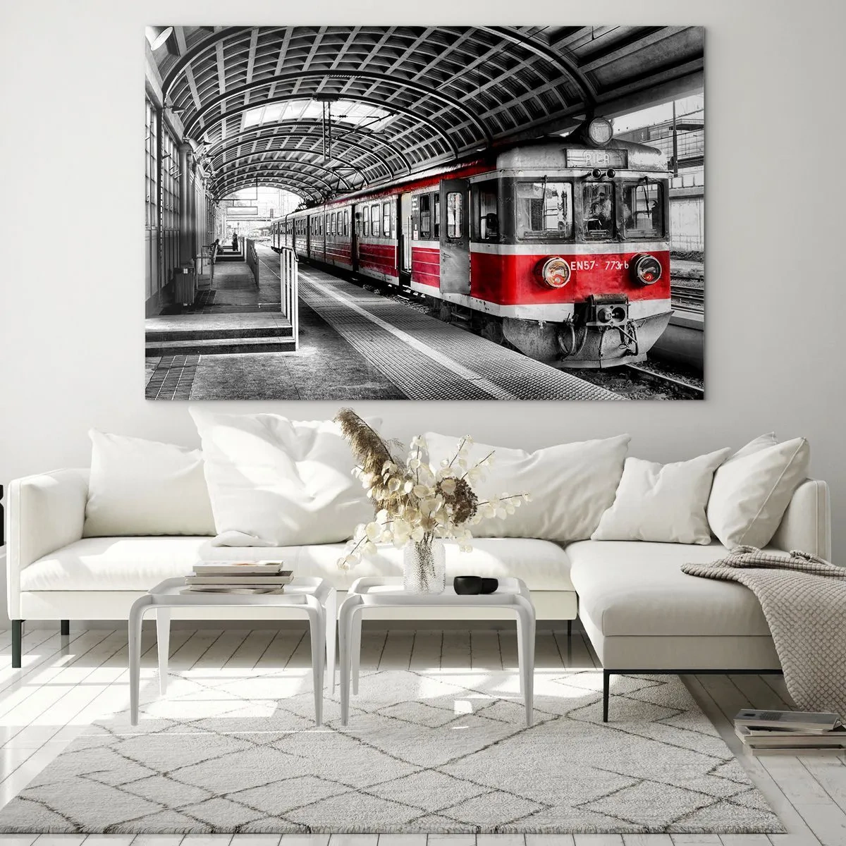 Tablou pe sticlă - Tren roșu la stația sub acoperiș - 70x50cm - Poate este o călătorie de o viață? - Decorațiune modernă pentru perete pentru living și dormitor ARTTOR