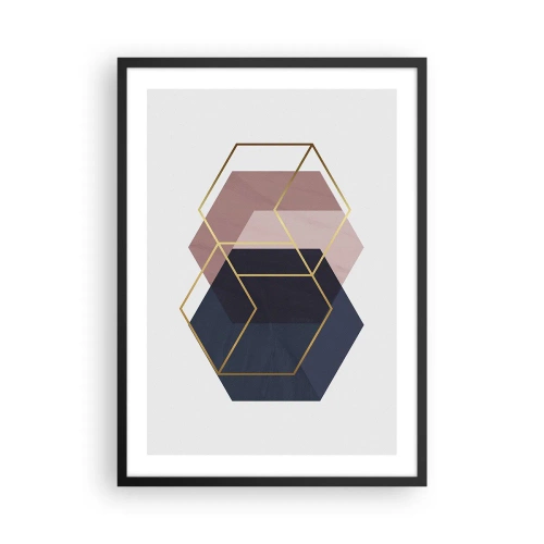 Poster în ramă neagră - Forme geometrice aurii pe un fundal în nuanțe de albastru marin și roz - 50x70cm - Puterea simplității - Decorațiune modernă pentru perete pentru living și dormitor ARTTOR