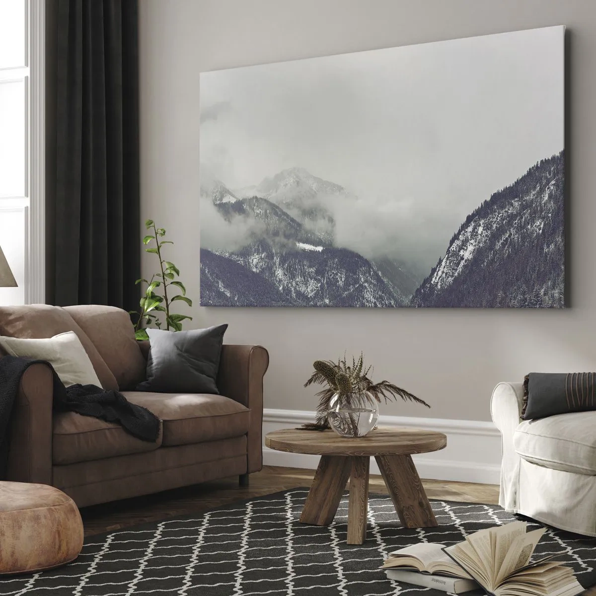 Tablou pe pânză Canvas - O vale de munte învăluită în ceață în nuanțe de gri - 70x50cm - Valea cețoasă - Decorațiune modernă pentru perete pentru living și dormitor ARTTOR