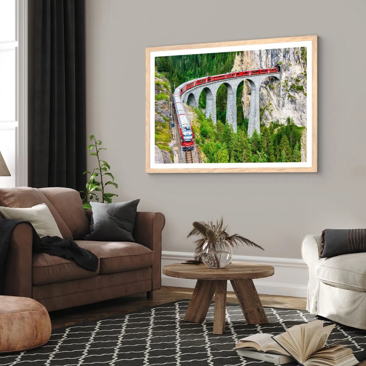 Poster în ramă de stejar deschis - Cu trenul prin munți - 91x61 cm