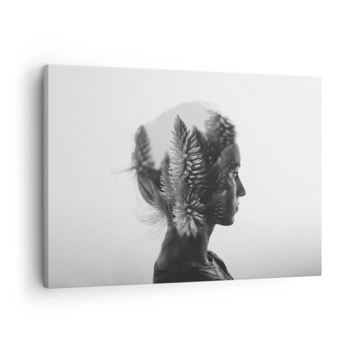 Tablou pe pânză Canvas - Un portret subtil cu elemente din natură - 70x50cm - Doamna din pădurea de pini - Decorațiune modernă pentru perete pentru living și dormitor ARTTOR