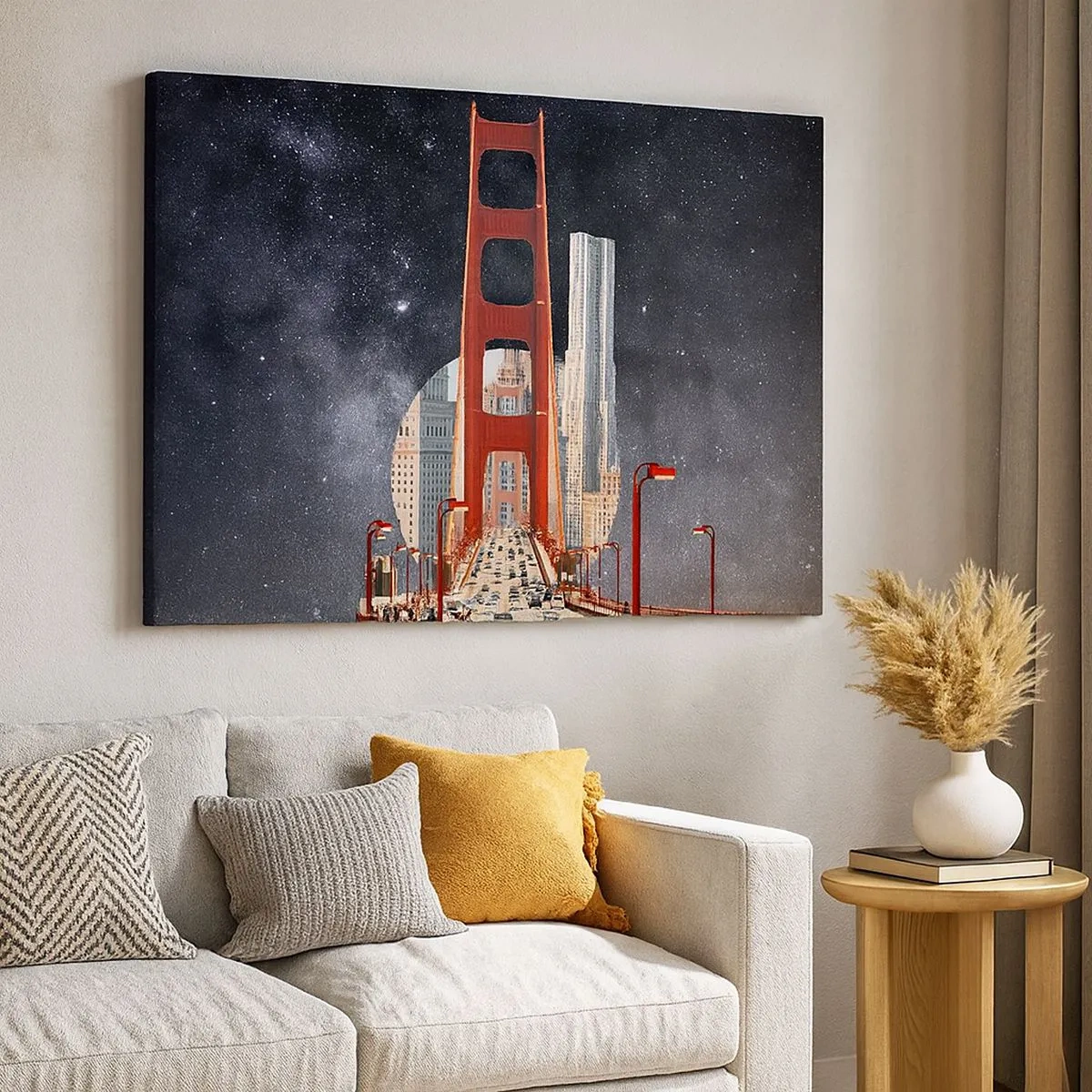 Tablou pe pânză Canvas - Podul Golden Gate cu orașul în fundal pe un cer înstelat - 70x50cm - Întotdeauna în centru - Decorațiune modernă pentru perete pentru living și dormitor ARTTOR