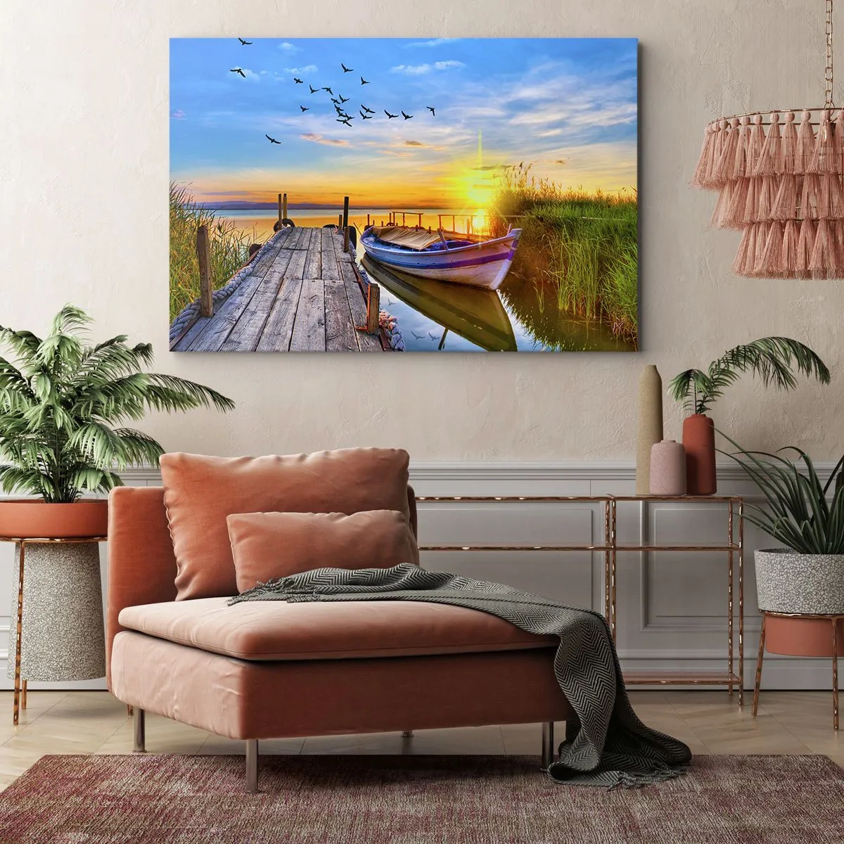 Tablou pe pânză Canvas - O barcă la un dig de lemn la apus - 70x50cm - La revedere, până mâine - Decorațiune modernă pentru perete pentru living și dormitor ARTTOR