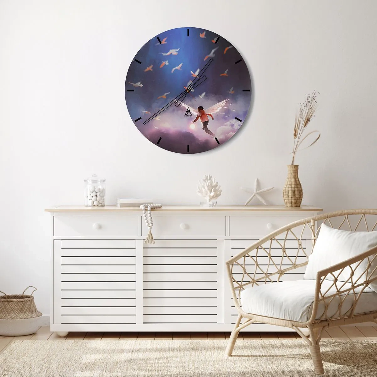 Ceas de perete - Ceas pe sticlă - figură cu aripi de înger printre păsări pe cer - 30x30cm - Este nevoie de imaginație și curaj - Decorațiune modernă pentru perete pentru living, bucătărie și dormitor ARTTOR