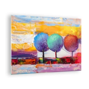 Tablou pe sticlă - Copaci abstracți colorați pe un fundal intens - 70x50cm - Trei copaci - Decorațiune modernă pentru perete pentru living și dormitor ARTTOR