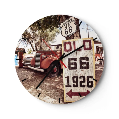 Ceas de perete - Ceas pe sticlă - O mașină de epocă în fața unui indicator pe Ruta 66 și a unei plăci de lemn. - 30x30cm - O legendă provincială americană - Decorațiune modernă pentru perete pentru living, bucătărie și dormitor ARTTOR