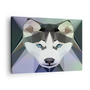 Tablou pe pânză Canvas - Lup geometric cu ochi albaștri expresivi - 70x50cm - O amintire a zăpezilor din nord - Decorațiune modernă pentru perete pentru living și dormitor ARTTOR