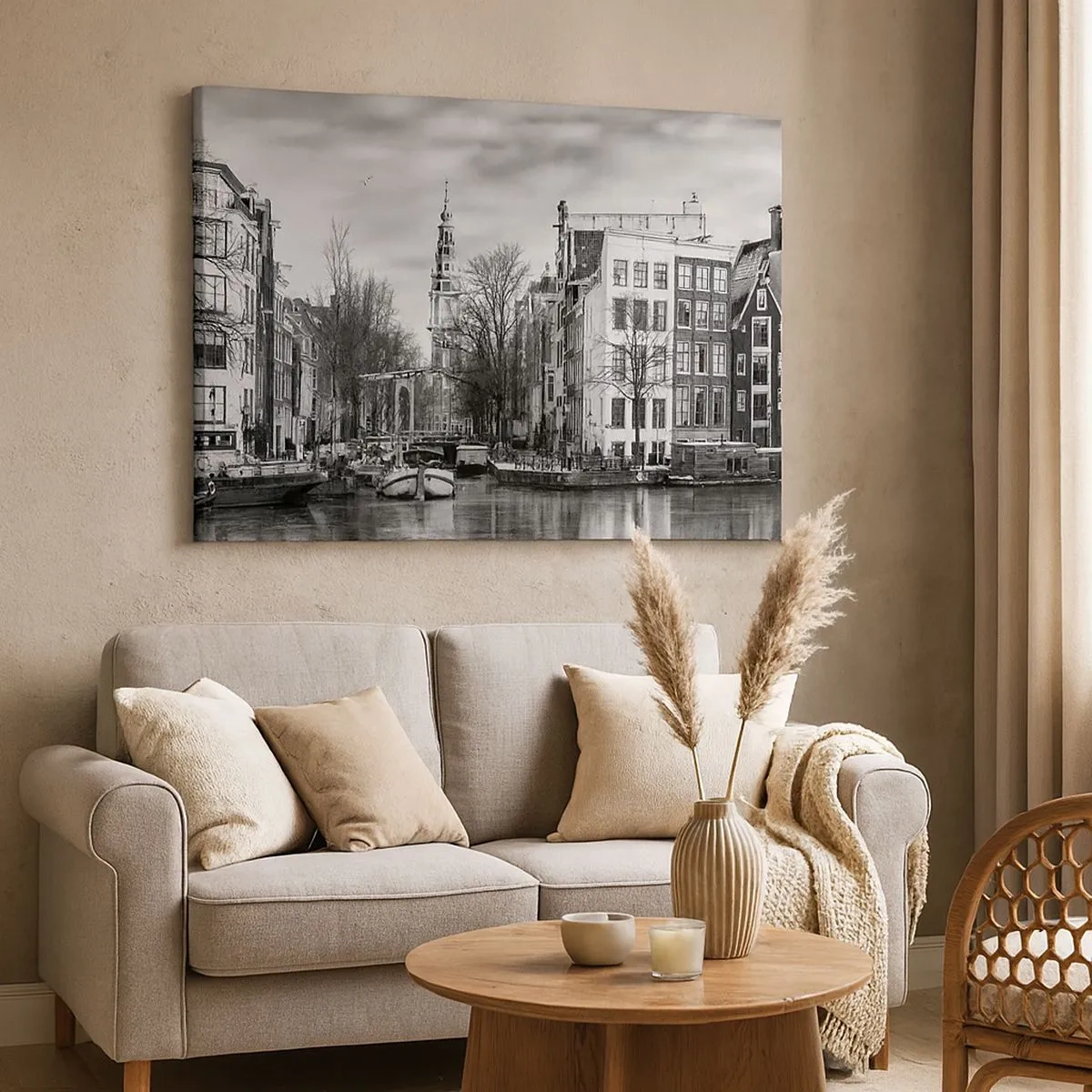 Tablou pe pânză Canvas - Panoramă alb-negru a Amsterdamului cu canal și clădiri istorice - 70x50cm - Amsterdam vibes - Decorațiune modernă pentru perete pentru living și dormitor ARTTOR