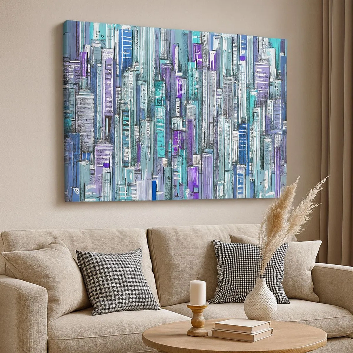 Tablou pe pânză Canvas - Ilustrație a unui oraș cu clădiri geometrice în nuanțe de albastru și violet. - 70x50cm - Albastru din cer - Decorațiune modernă pentru perete pentru living și dormitor ARTTOR