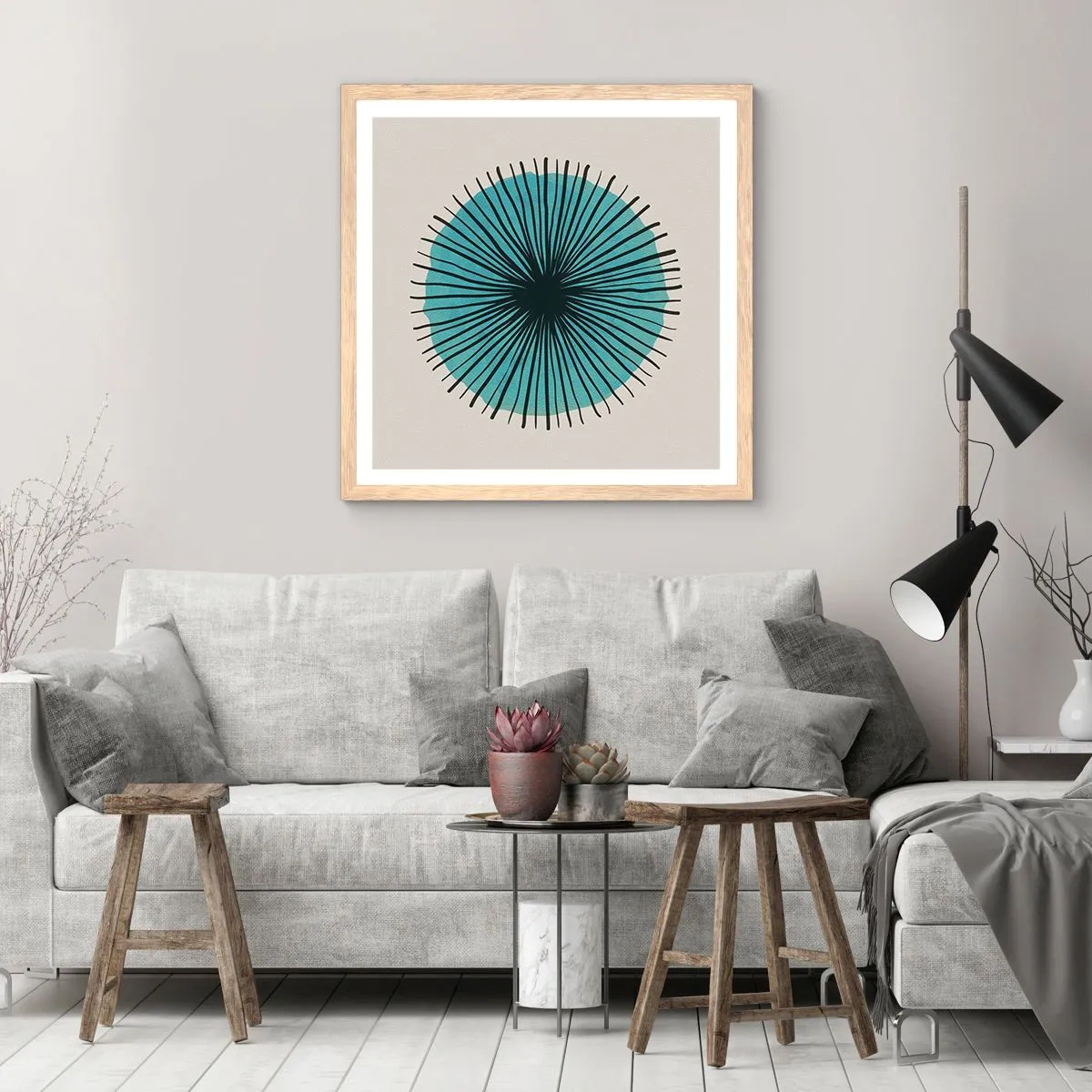 Poster în ramă de stejar deschis - Radiant pe albastru - 40x40 cm